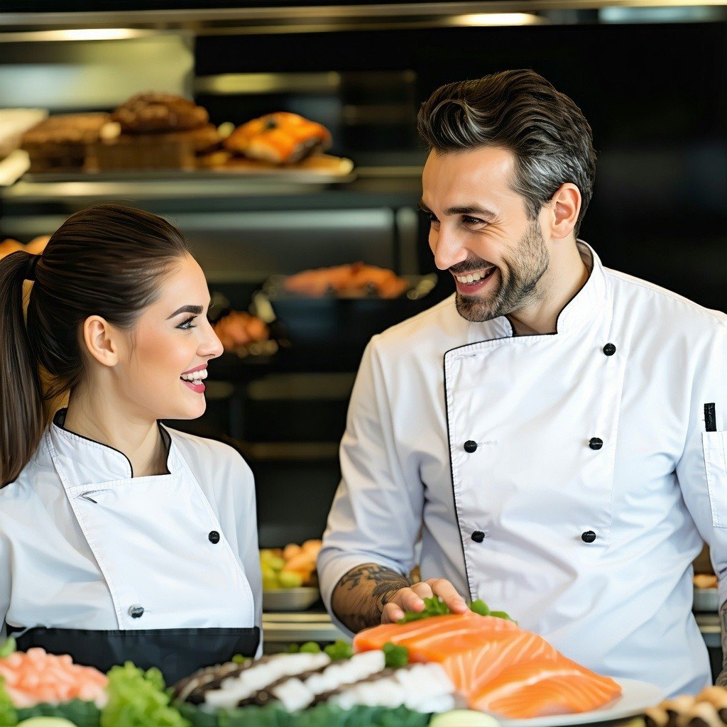 A customer service rep smiling talking to a chef ordering fish from them you can see the chef too and he is happy and getting good service