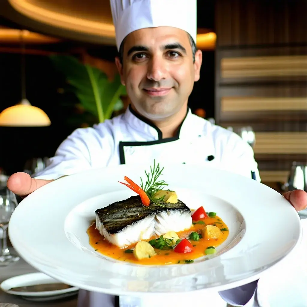 A seafood chef at an upscale restaurant showing the latest cuisine a plate of todays fresh caught fish entree-Apr-18-2025-02-59-50-9196-PM
