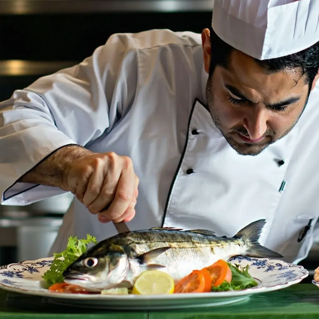 A soux chef preparing fresh caught fish with his hands on a fancy dish from a side angle with a blurred background-1-1